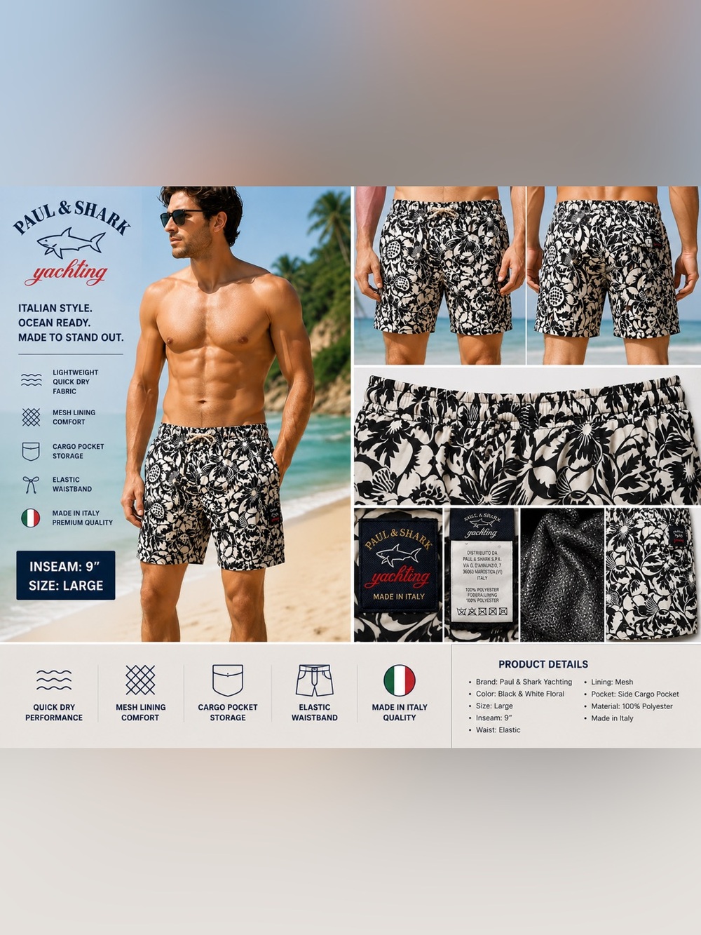 Paul & Shark Yachting Italy Floral Swim Trunks Black White Mesh Lined Men's